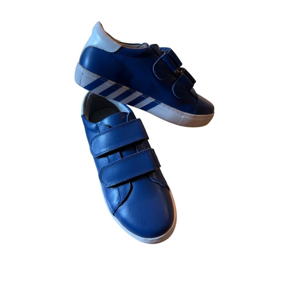 2/$30 NEW Ruby Label Genuine‎ Leather Blue Striped & White Velcro Kid Shoes 3.5